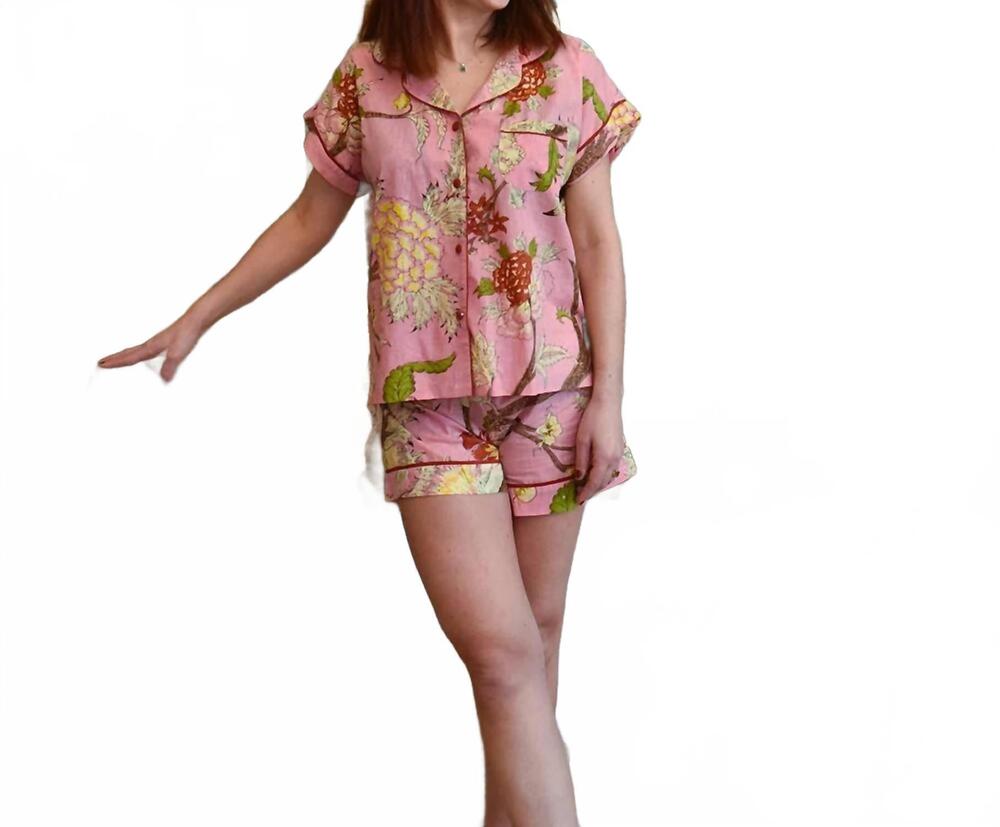 NEW POWELL CRAFT botanical short pajama set in pink, cream, burnt orange